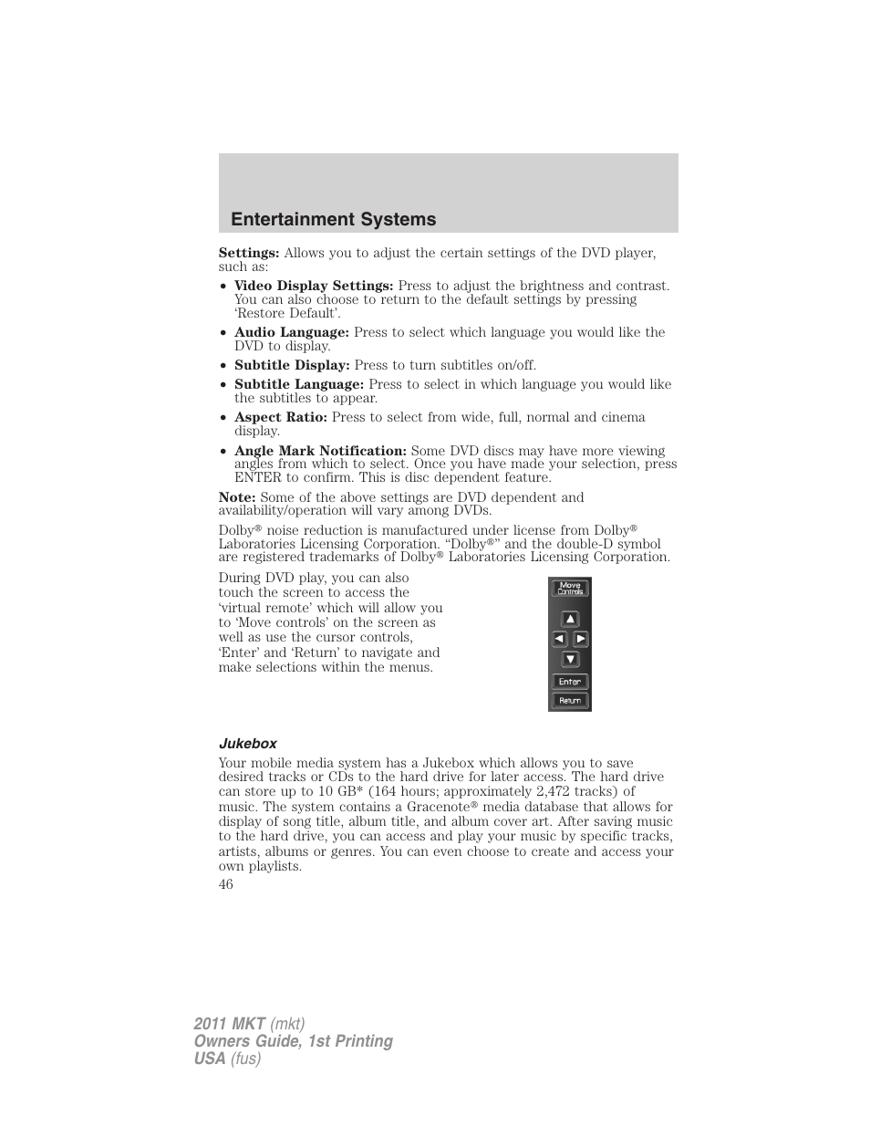 Jukebox, Jukebox features, Entertainment systems | Lincoln 2011 MKT User Manual | Page 46 / 454