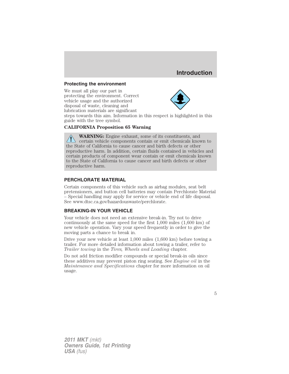 Protecting the environment, Perchlorate material, Breaking-in your vehicle | Introduction | Lincoln 2011 MKT User Manual | Page 5 / 454