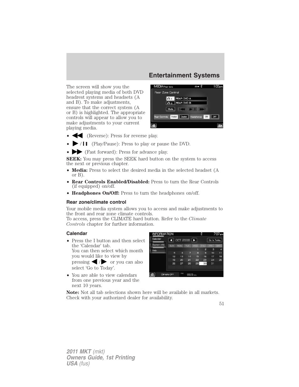 Rear zone/climate control, Calendar, Entertainment systems | Lincoln 2011 MKT User Manual | Page 51 / 454