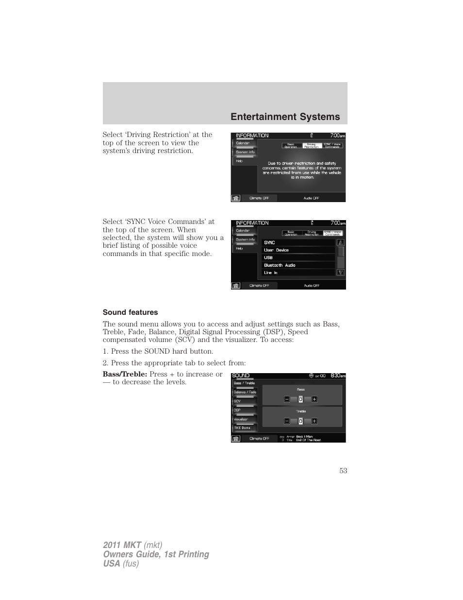 Sound features, Entertainment systems | Lincoln 2011 MKT User Manual | Page 53 / 454