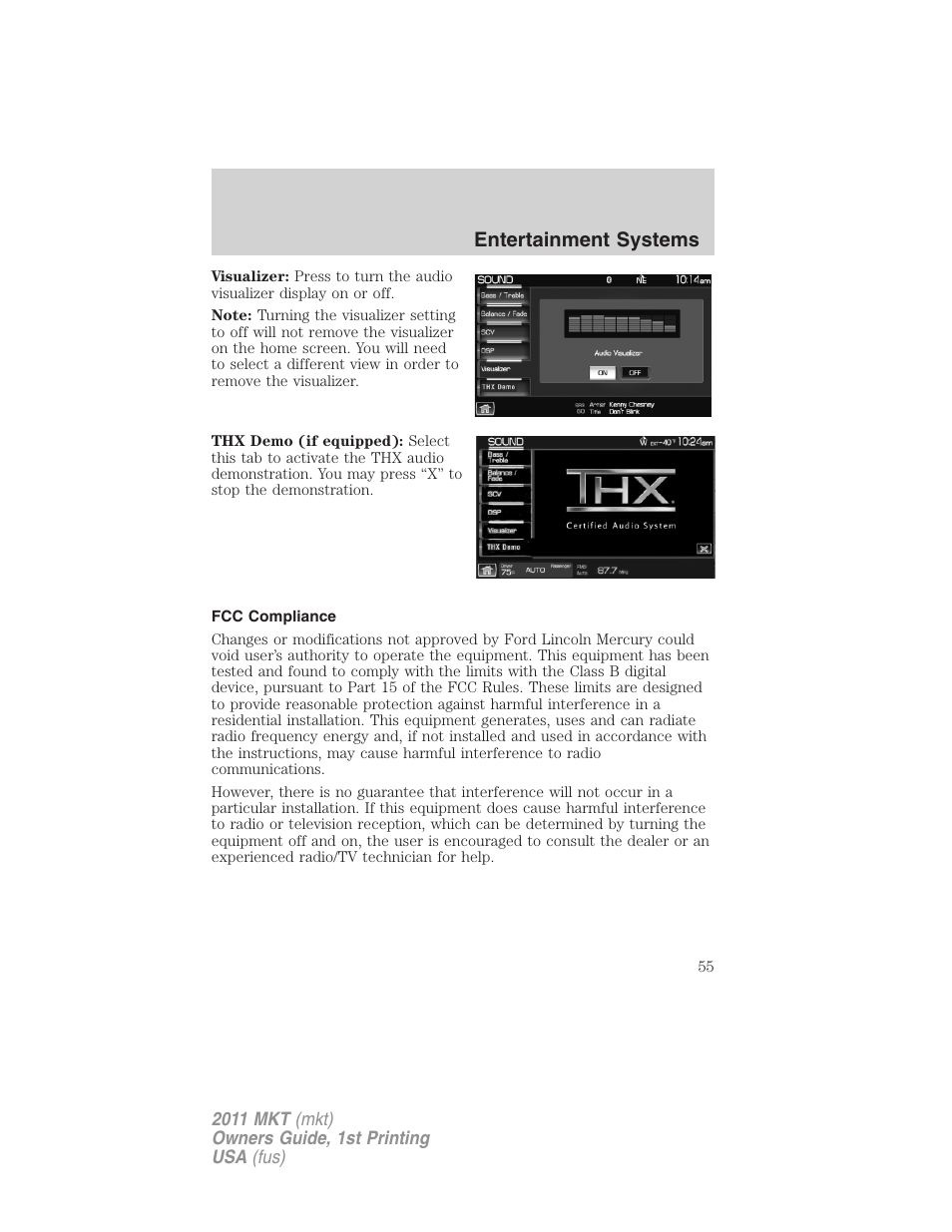 Fcc compliance, Entertainment systems | Lincoln 2011 MKT User Manual | Page 55 / 454