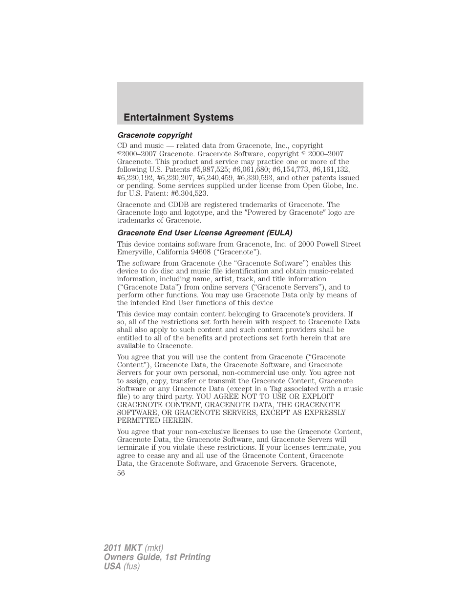 Gracenote copyright, Gracenote end user license agreement (eula), Entertainment systems | Lincoln 2011 MKT User Manual | Page 56 / 454