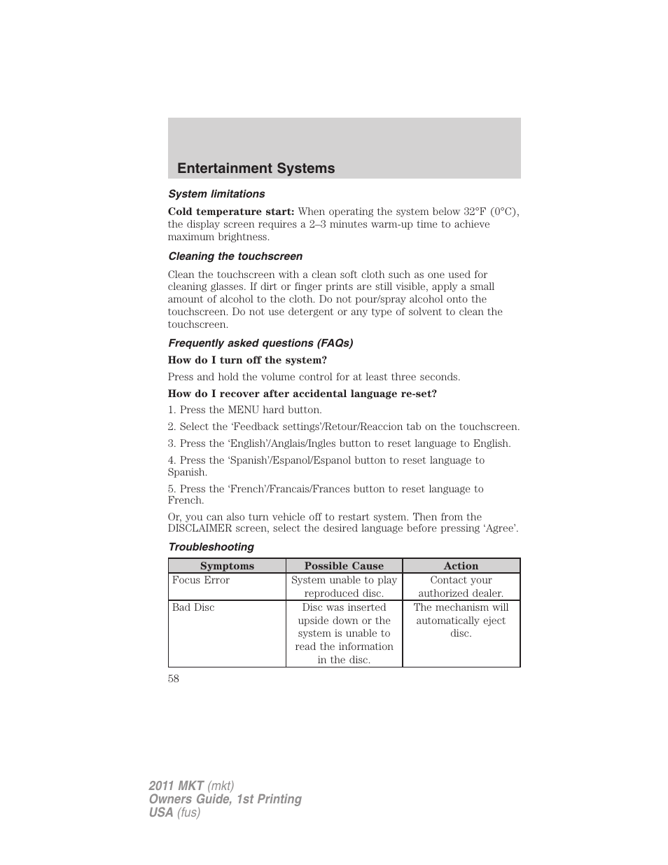 System limitations, Cleaning the touchscreen, Frequently asked questions (faqs) | Troubleshooting, Entertainment systems | Lincoln 2011 MKT User Manual | Page 58 / 454