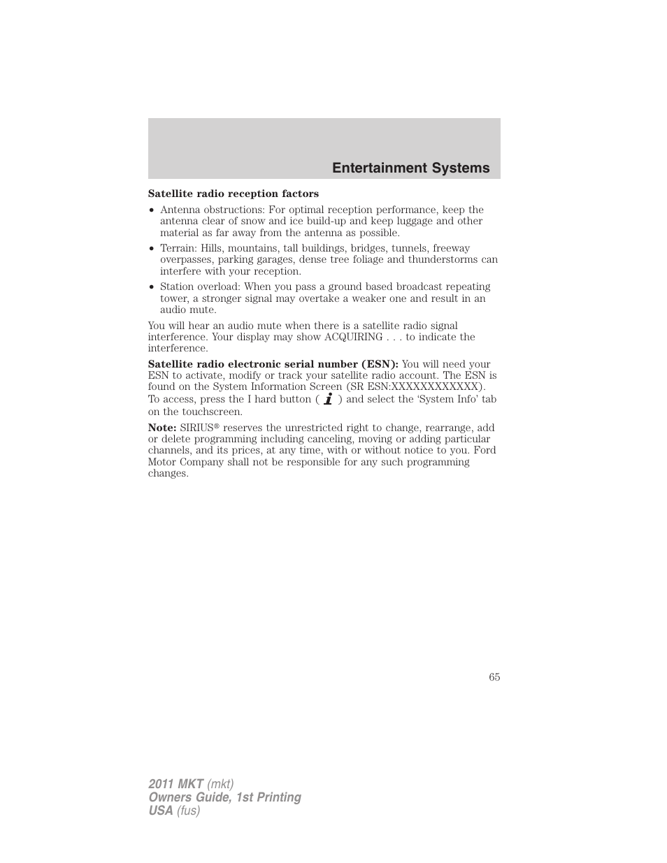 Entertainment systems | Lincoln 2011 MKT User Manual | Page 65 / 454