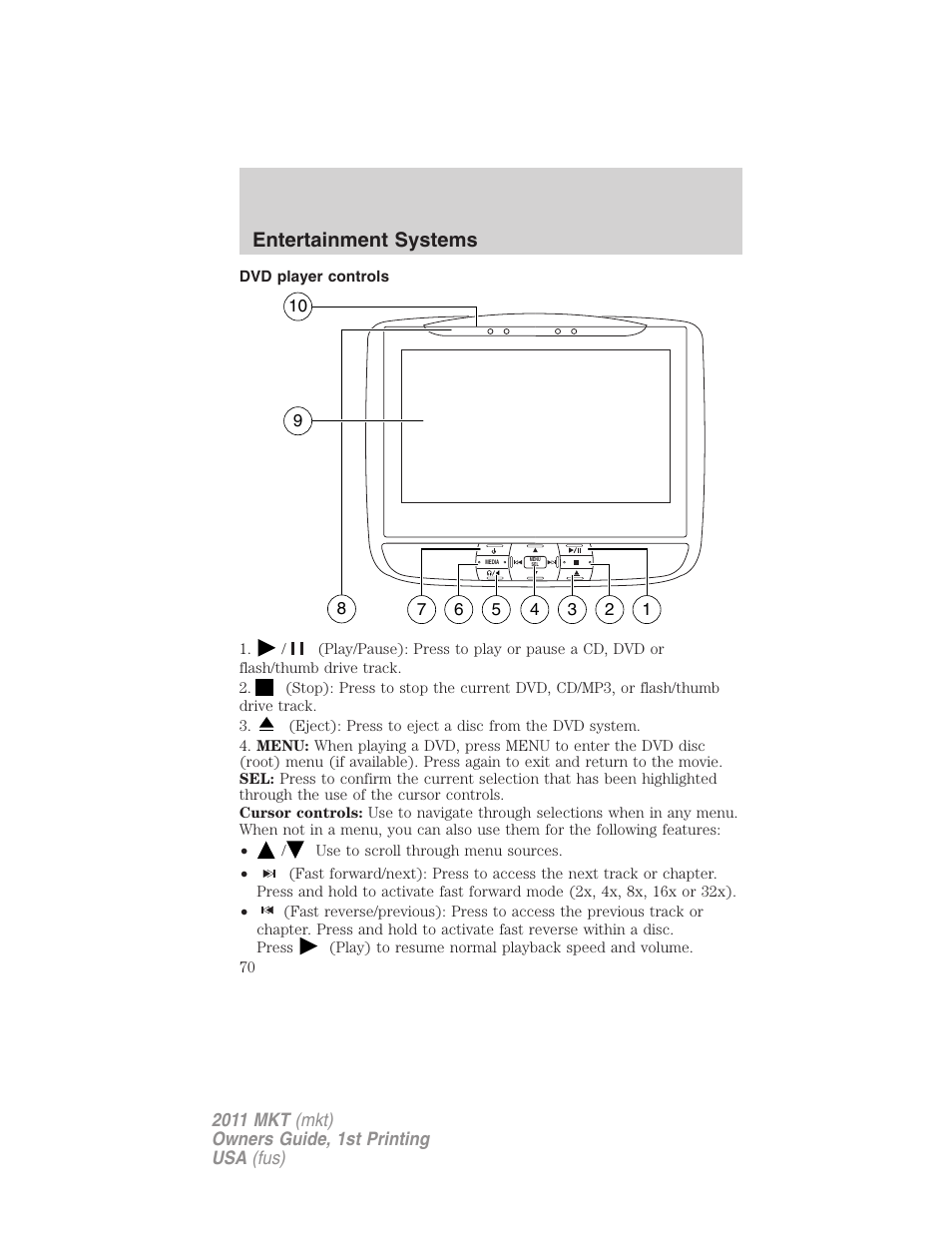 Dvd player controls, Entertainment systems | Lincoln 2011 MKT User Manual | Page 70 / 454