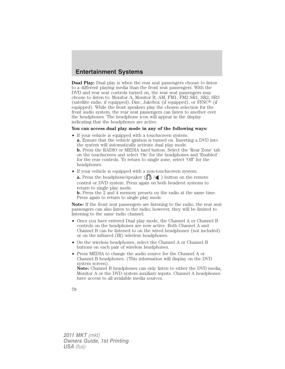 Entertainment systems | Lincoln 2011 MKT User Manual | Page 78 / 454