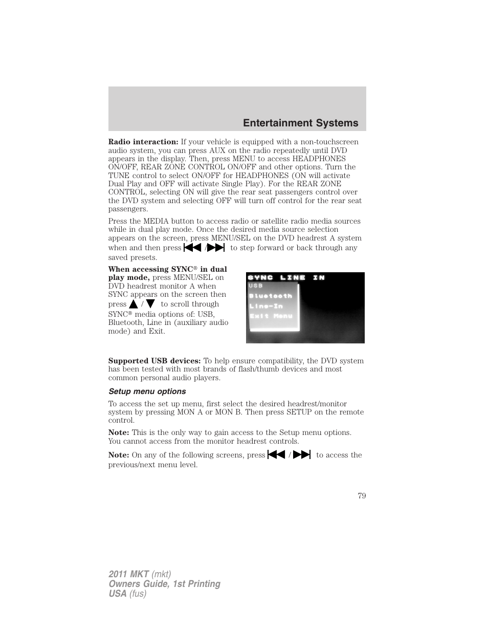 Setup menu options, Entertainment systems | Lincoln 2011 MKT User Manual | Page 79 / 454