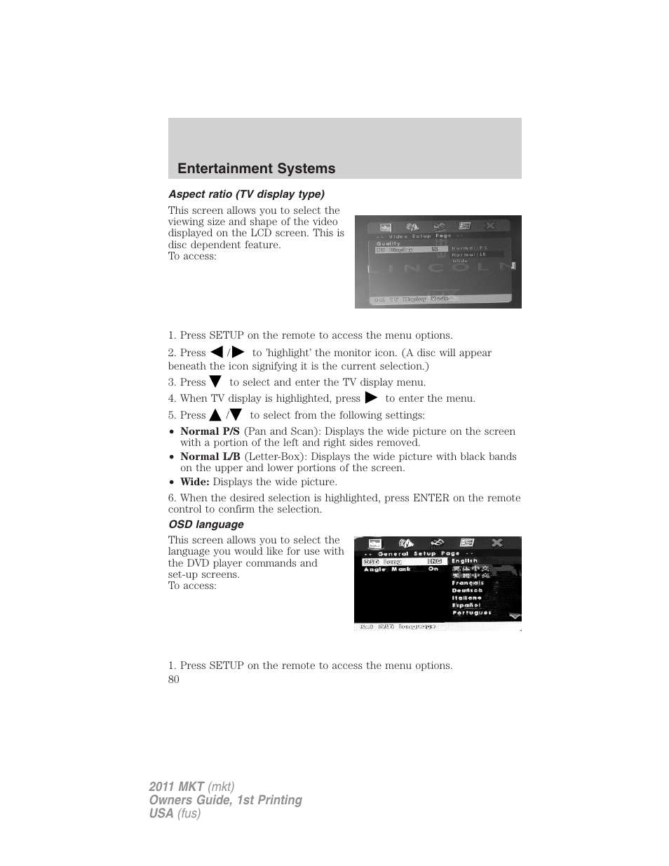 Aspect ratio (tv display type), Osd language, Entertainment systems | Lincoln 2011 MKT User Manual | Page 80 / 454