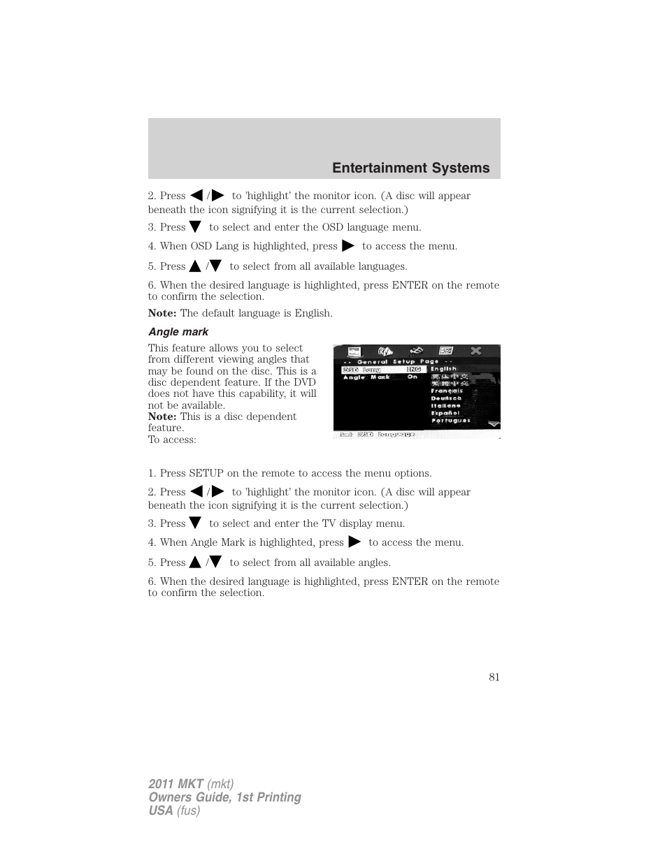 Angle mark, Entertainment systems | Lincoln 2011 MKT User Manual | Page 81 / 454