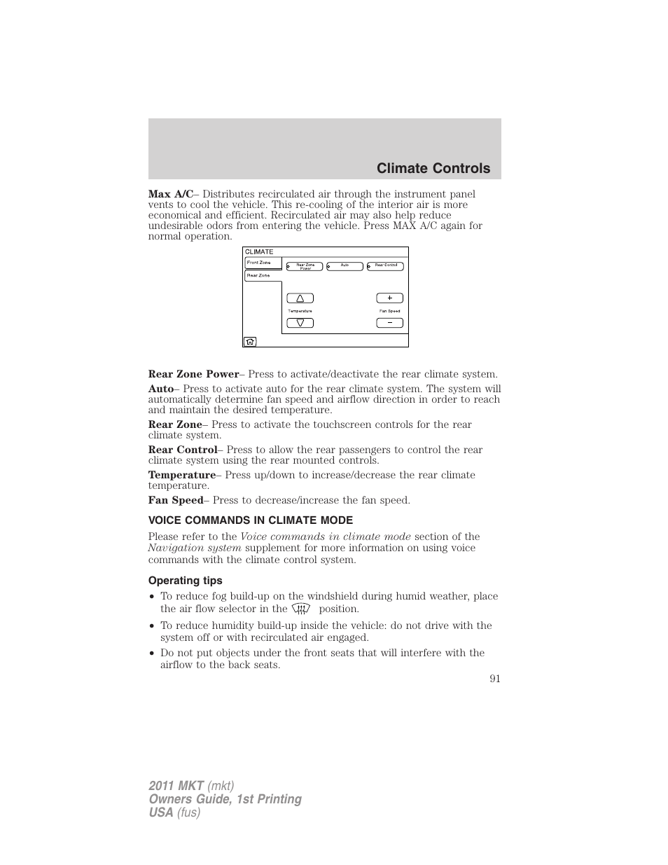 Voice commands in climate mode, Operating tips, Climate controls | Lincoln 2011 MKT User Manual | Page 91 / 454