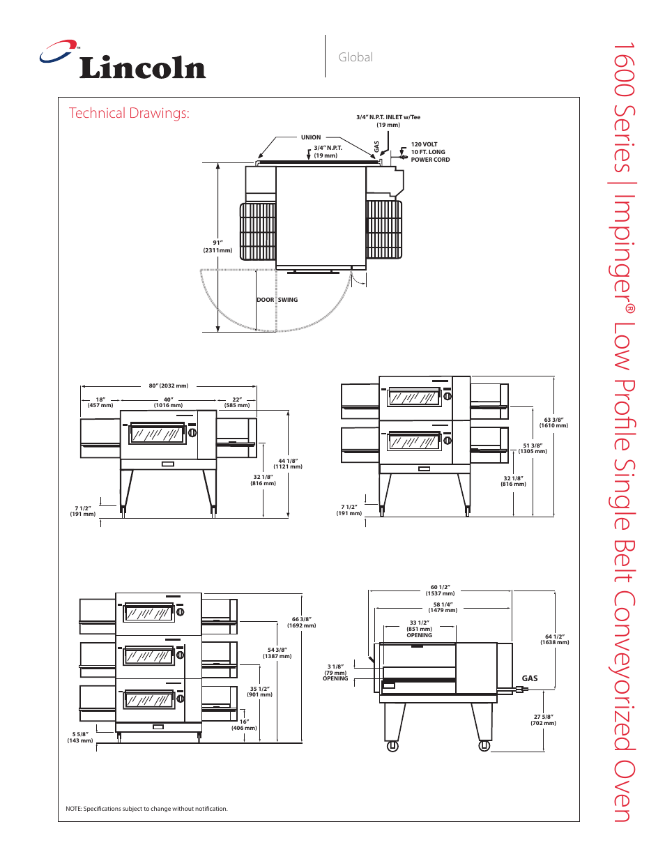 Technical drawings, Global | Lincoln Impinger 1600 Series User Manual | Page 4 / 4