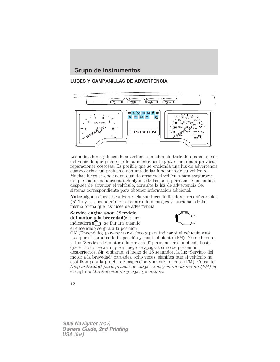 Grupo de instrumentos, Luces y campanillas de advertencia | Lincoln 2009 Navigator User Manual | Page 12 / 801