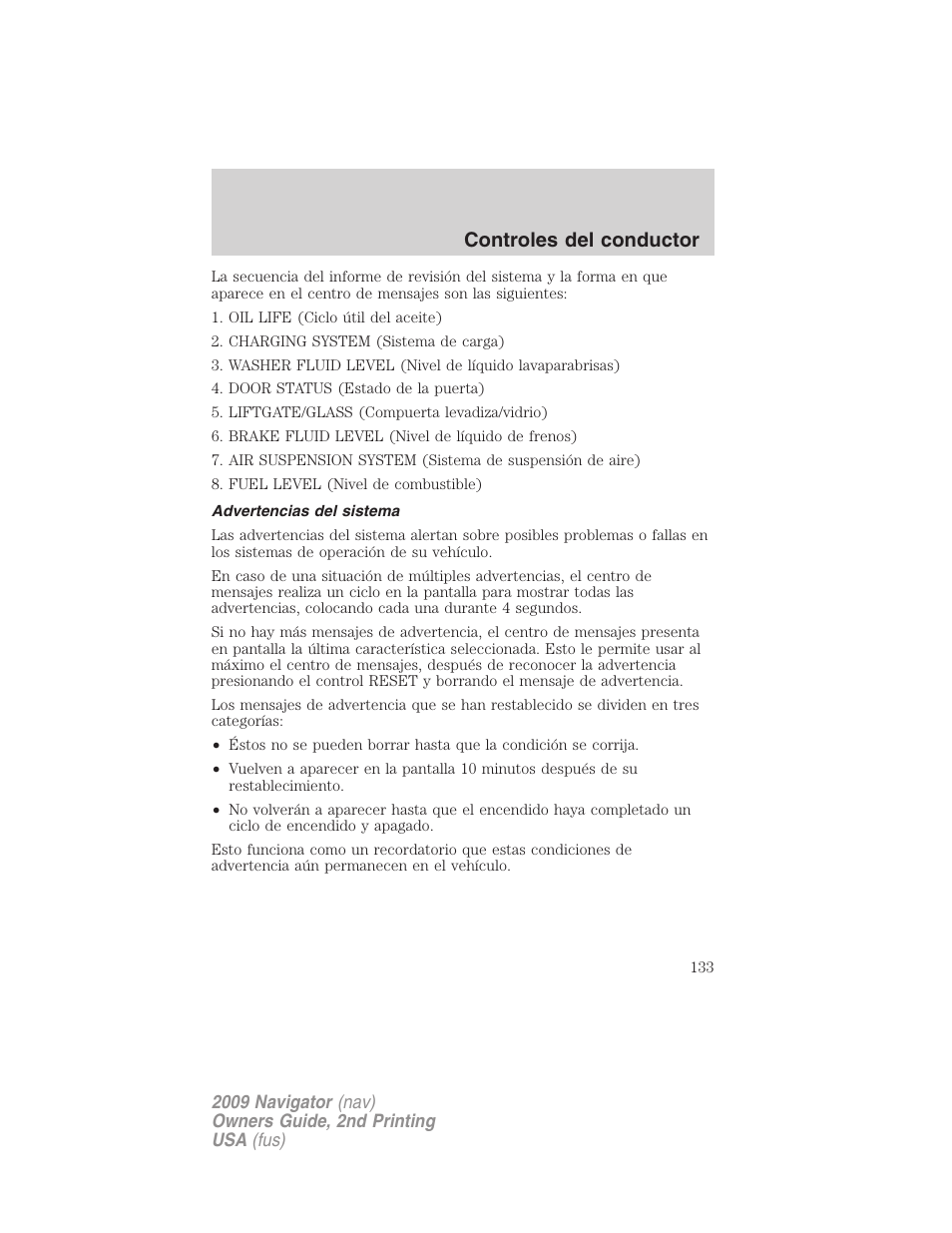 Advertencias del sistema, Controles del conductor | Lincoln 2009 Navigator User Manual | Page 133 / 801