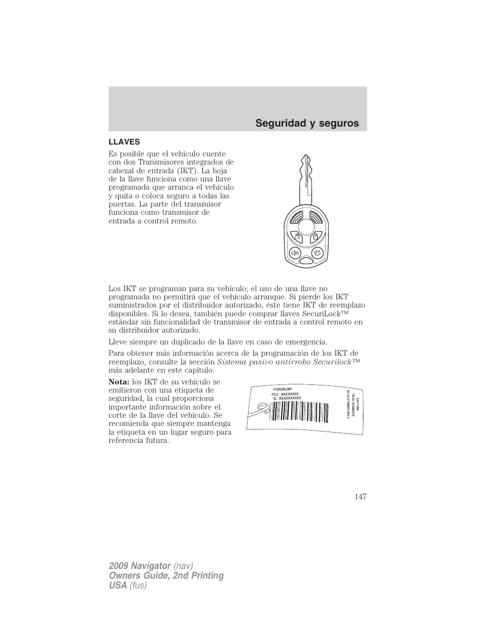 Seguridad y seguros, Llaves | Lincoln 2009 Navigator User Manual | Page 147 / 801