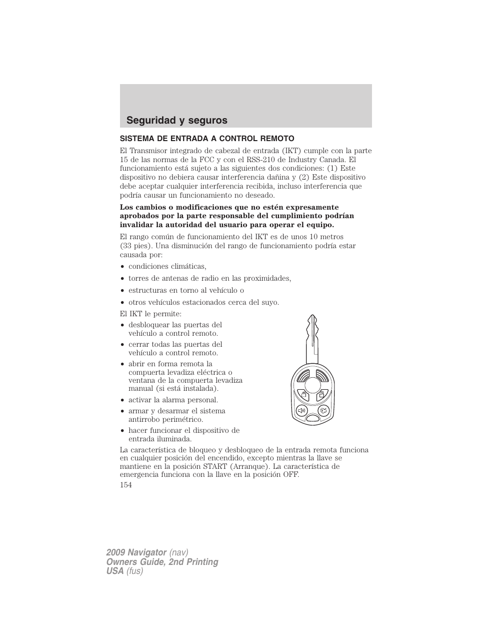 Sistema de entrada a control remoto, Seguridad y seguros | Lincoln 2009 Navigator User Manual | Page 154 / 801