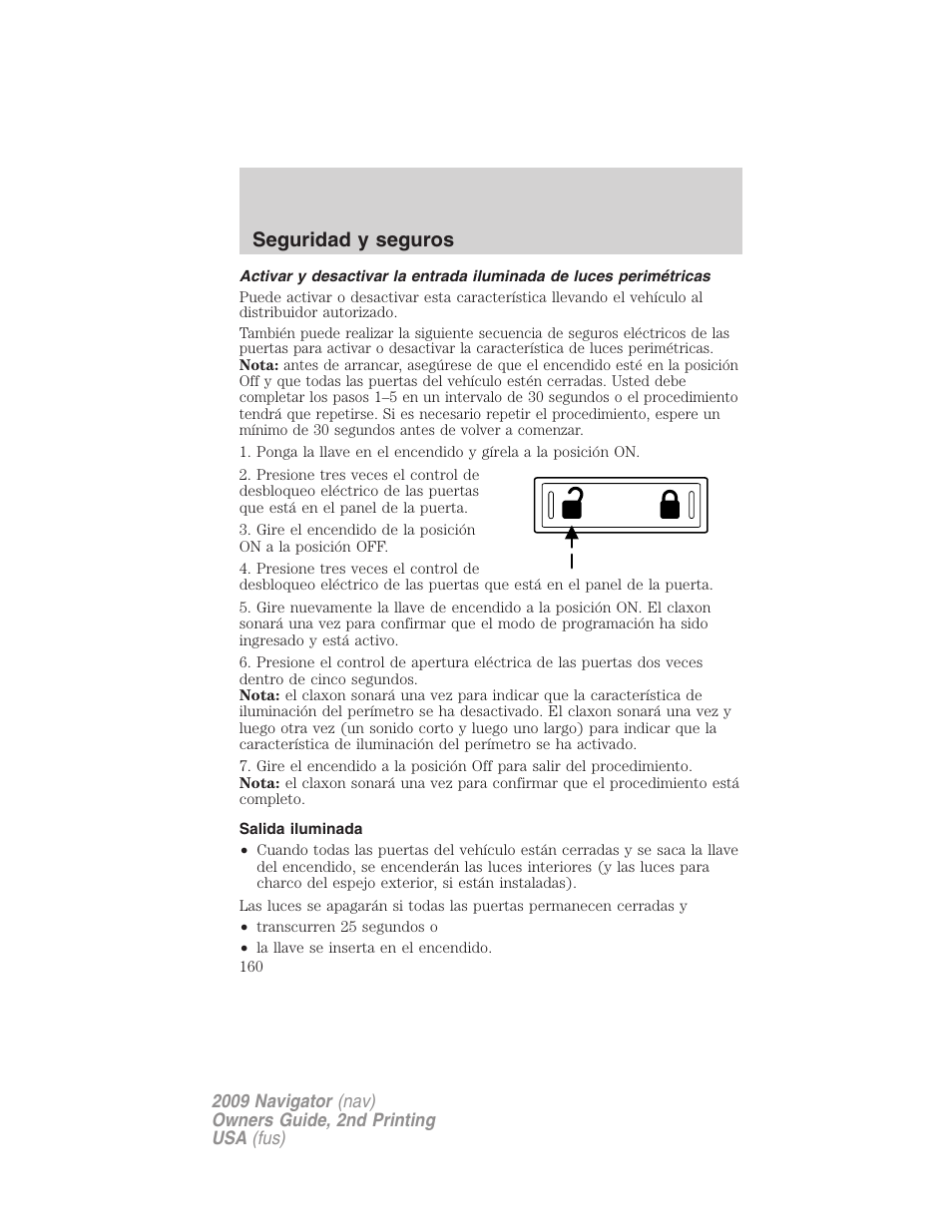 Salida iluminada, Seguridad y seguros | Lincoln 2009 Navigator User Manual | Page 160 / 801