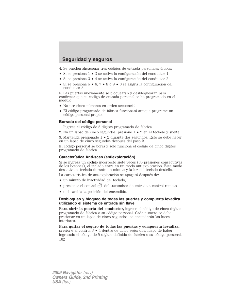 Borrado del código personal, Característica anti-scan (antiexploración), Seguridad y seguros | Lincoln 2009 Navigator User Manual | Page 162 / 801