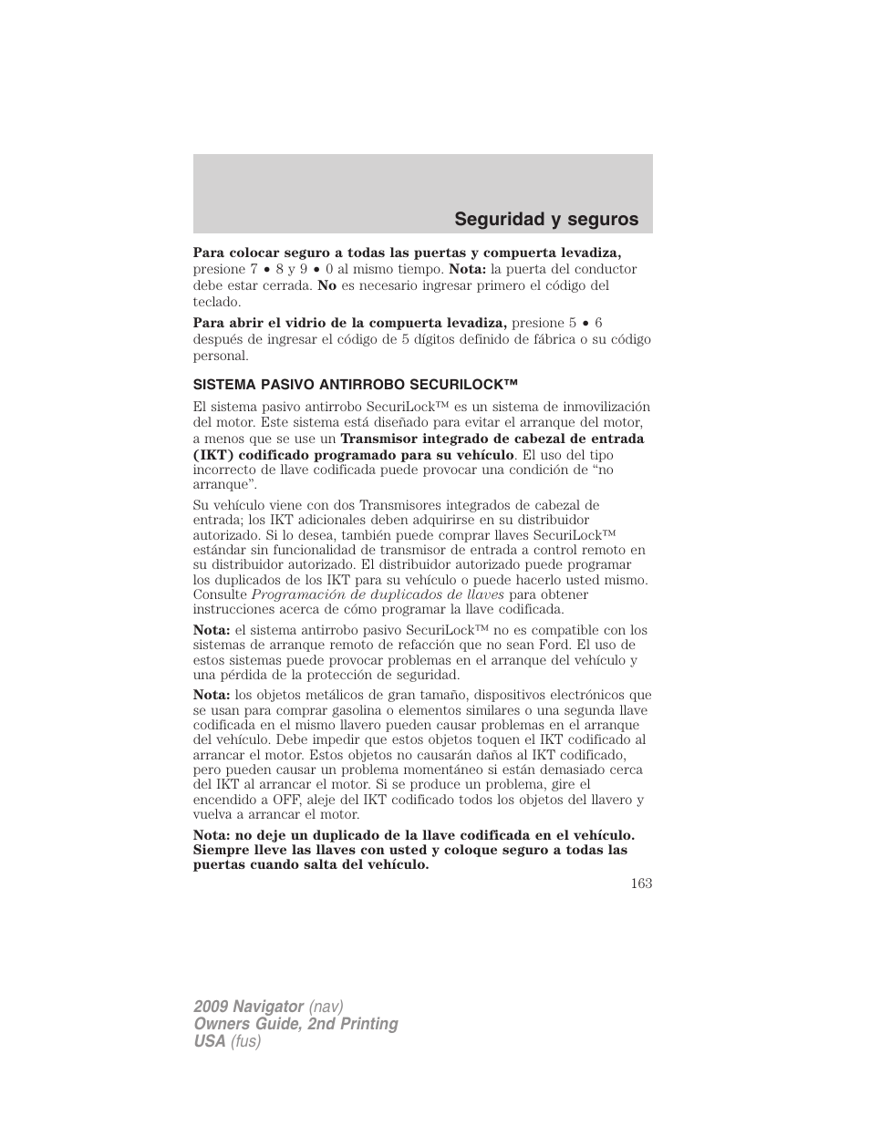 Sistema pasivo antirrobo securilock, Sistema antirrobo, Seguridad y seguros | Lincoln 2009 Navigator User Manual | Page 163 / 801