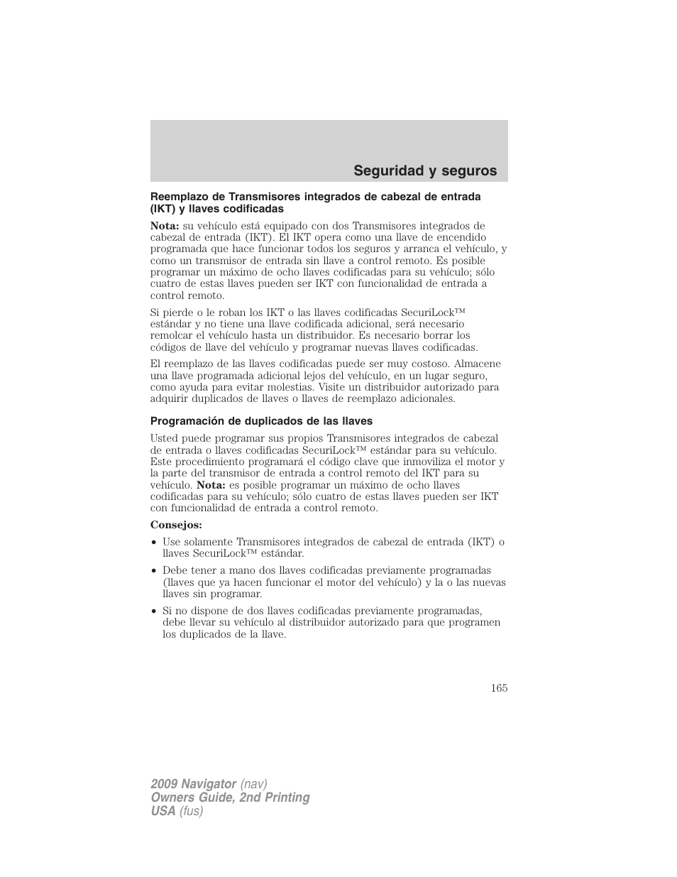 Programación de duplicados de las llaves, Seguridad y seguros | Lincoln 2009 Navigator User Manual | Page 165 / 801
