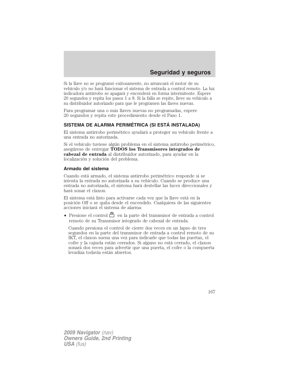 Sistema de alarma perimétrica (si está instalada), Armado del sistema, Seguridad y seguros | Lincoln 2009 Navigator User Manual | Page 167 / 801