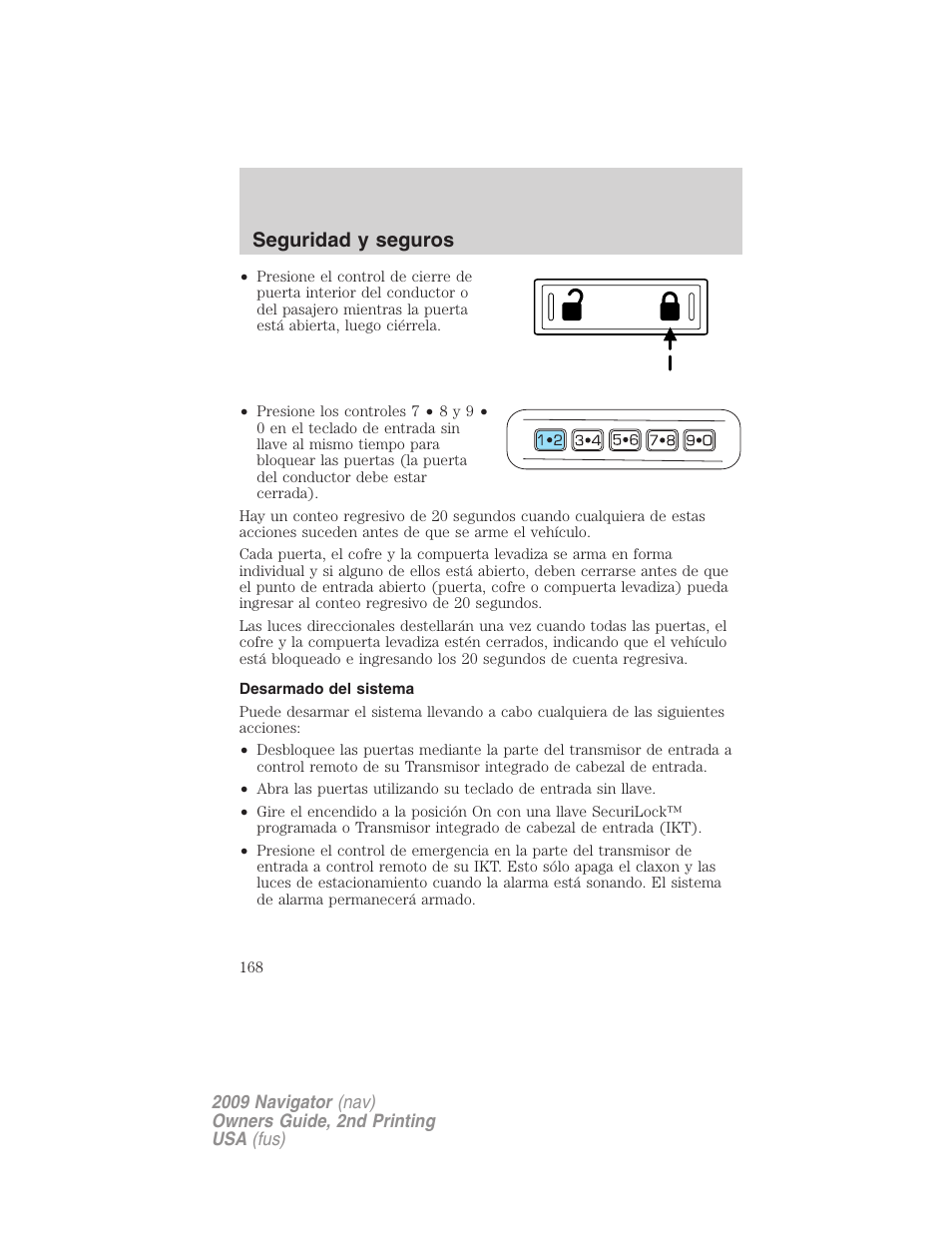 Desarmado del sistema, Seguridad y seguros | Lincoln 2009 Navigator User Manual | Page 168 / 801