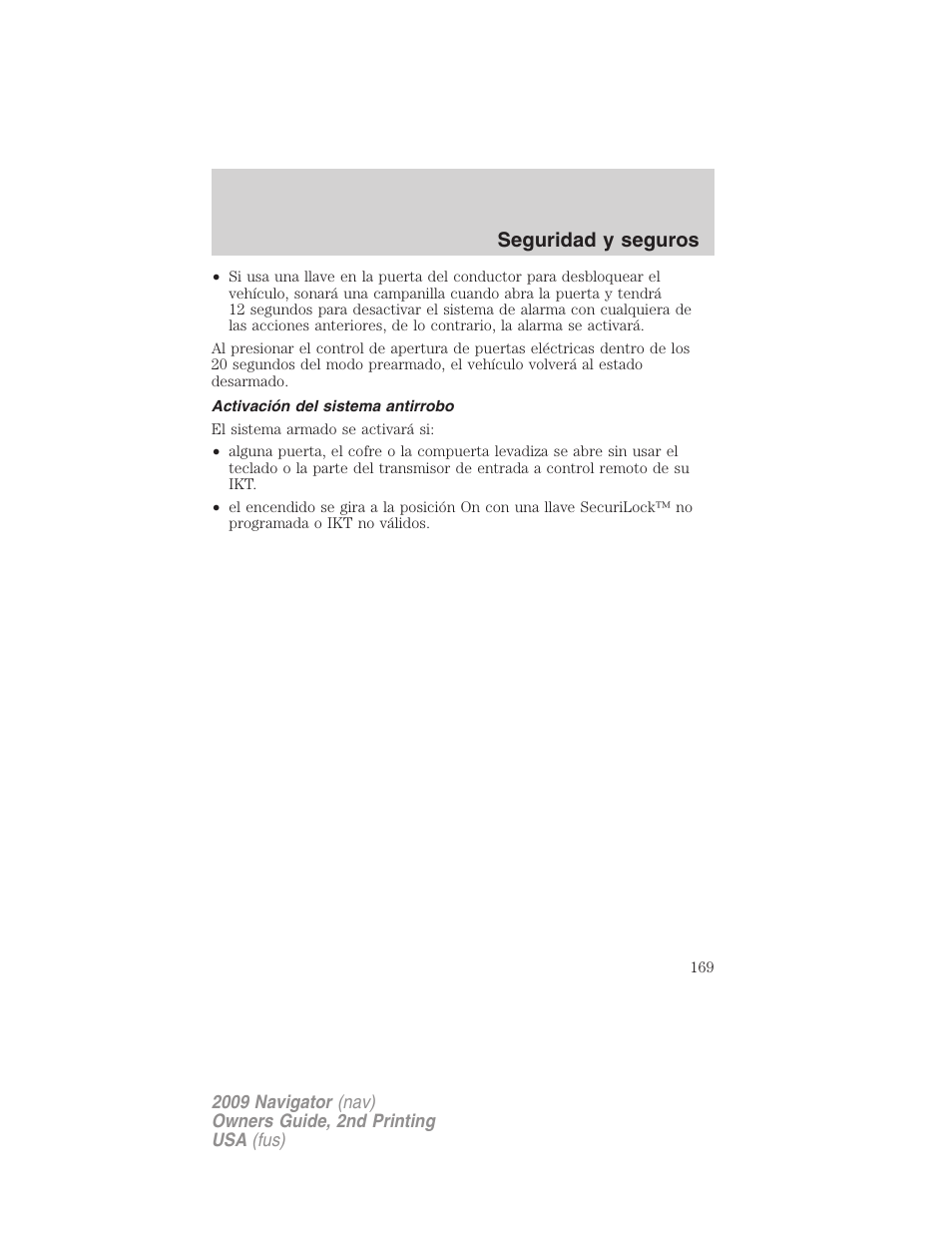 Activación del sistema antirrobo, Seguridad y seguros | Lincoln 2009 Navigator User Manual | Page 169 / 801