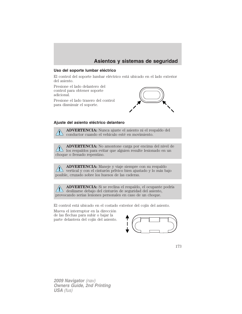 Uso del soporte lumbar eléctrico, Ajuste del asiento eléctrico delantero, Asientos y sistemas de seguridad | Lincoln 2009 Navigator User Manual | Page 173 / 801
