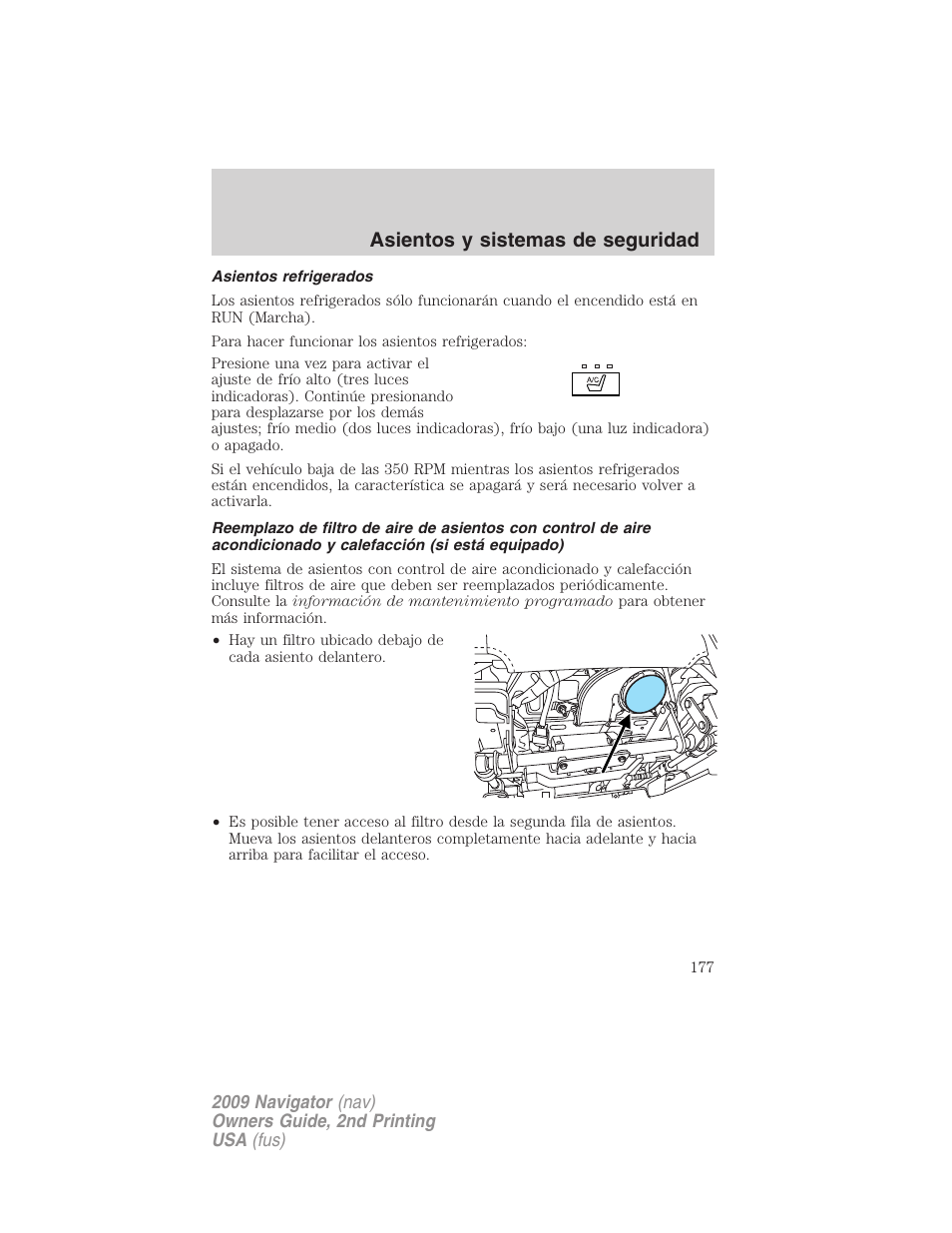 Asientos refrigerados, Asientos y sistemas de seguridad | Lincoln 2009 Navigator User Manual | Page 177 / 801