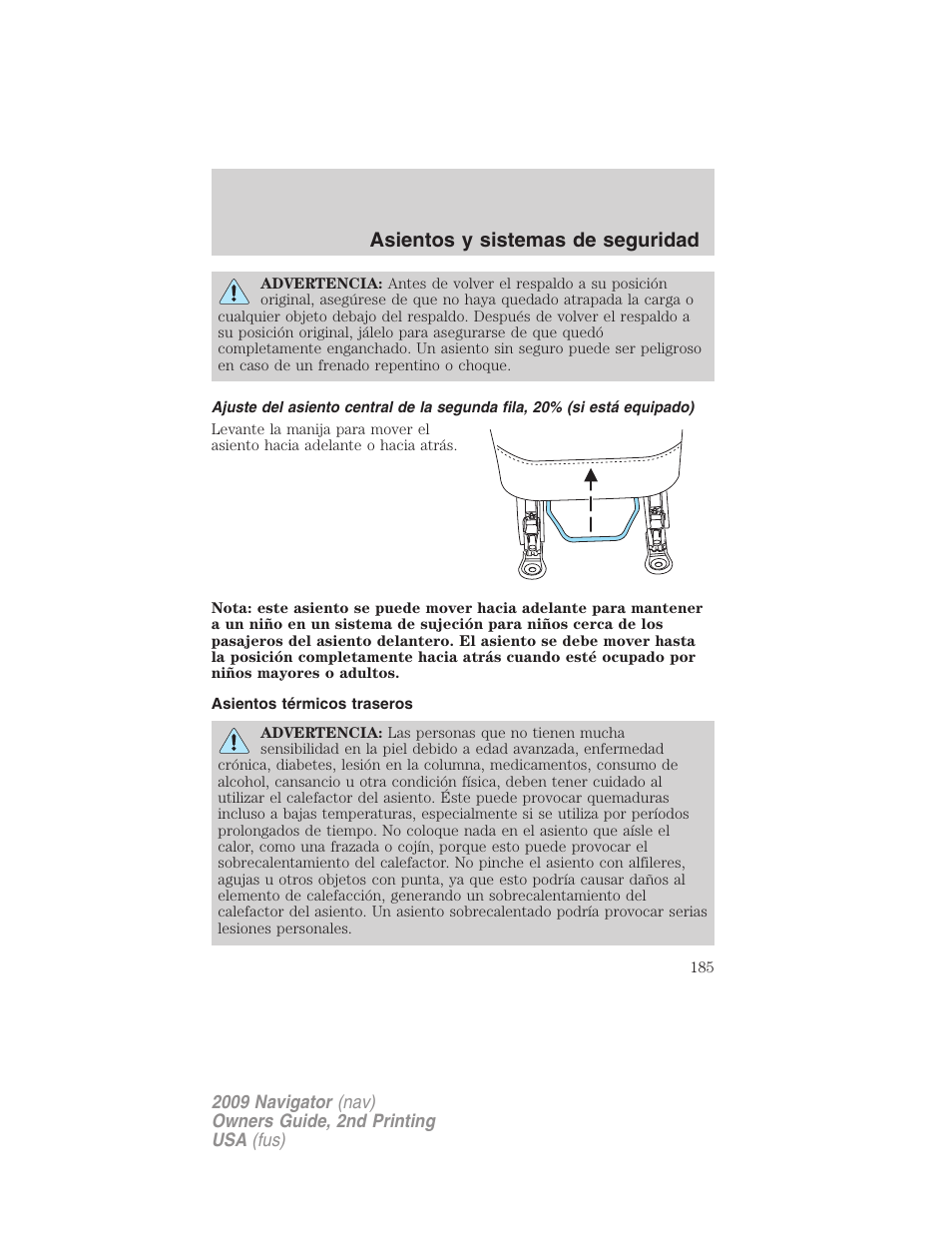 Asientos térmicos traseros, Asientos y sistemas de seguridad | Lincoln 2009 Navigator User Manual | Page 185 / 801