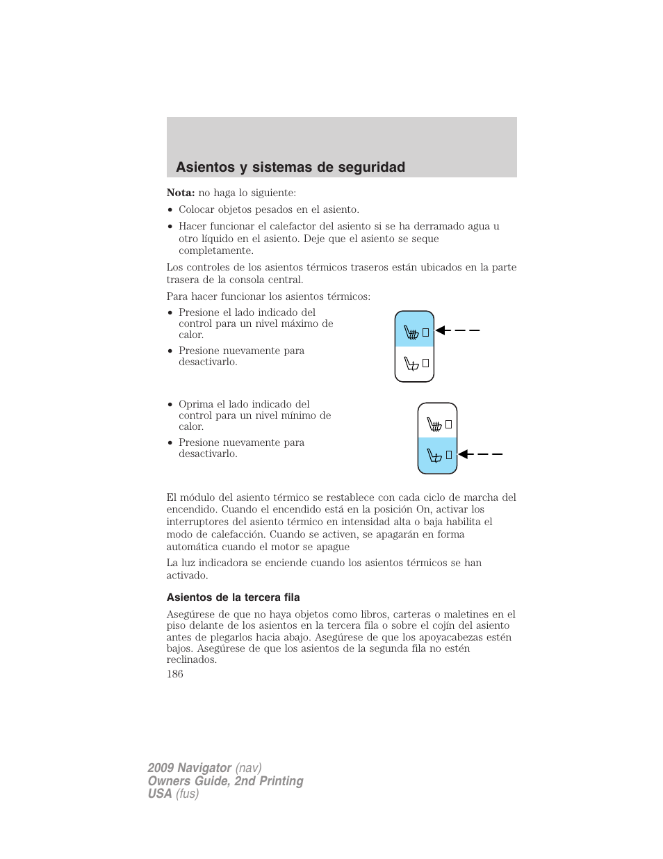 Asientos de la tercera fila, Asientos y sistemas de seguridad | Lincoln 2009 Navigator User Manual | Page 186 / 801