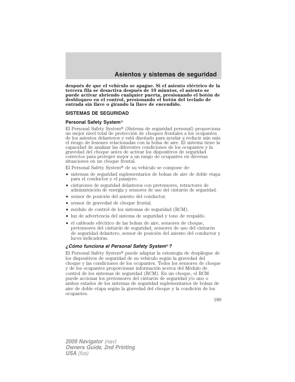 Sistemas de seguridad, Personal safety system, Cómo funciona el personal safety system | Asientos y sistemas de seguridad | Lincoln 2009 Navigator User Manual | Page 189 / 801