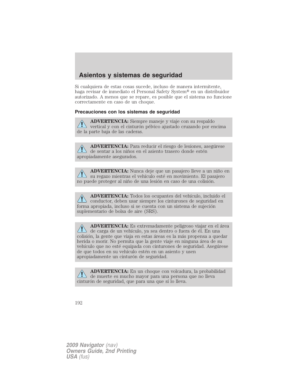 Precauciones con los sistemas de seguridad, Asientos y sistemas de seguridad | Lincoln 2009 Navigator User Manual | Page 192 / 801