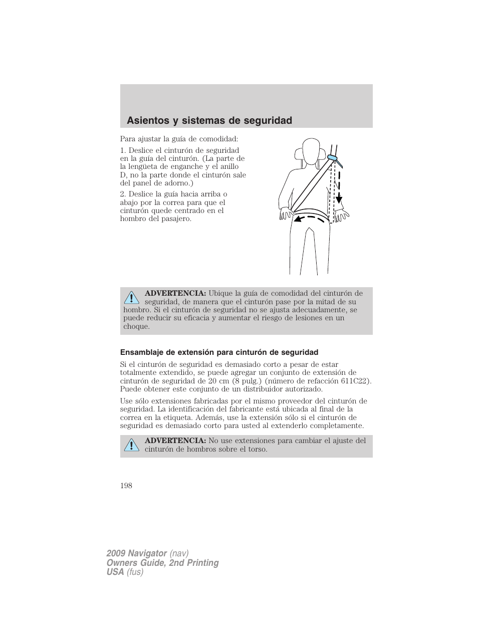 Ensamblaje de extensión para cinturón de seguridad, Asientos y sistemas de seguridad | Lincoln 2009 Navigator User Manual | Page 198 / 801