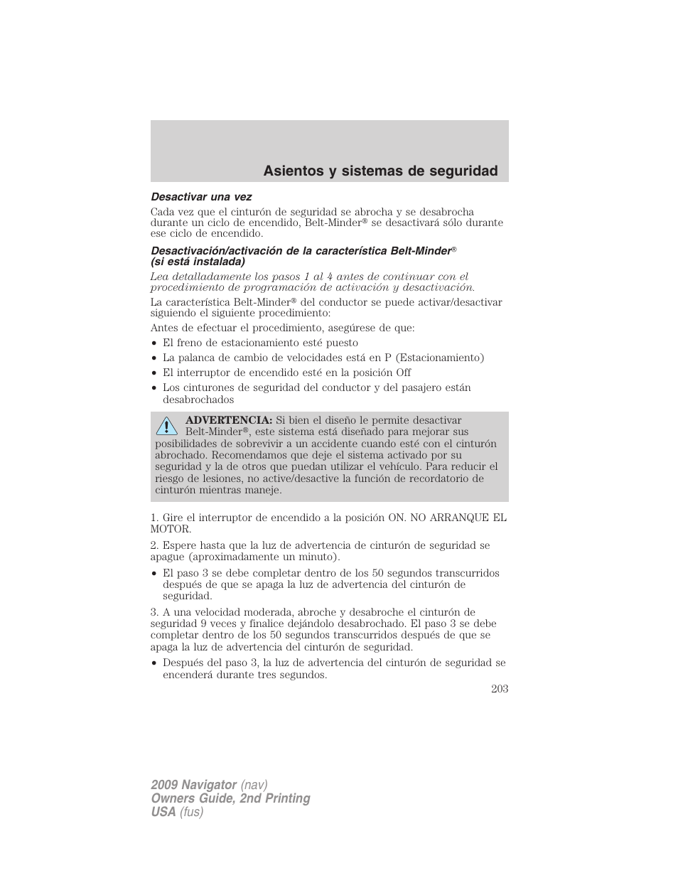 Desactivar una vez, Asientos y sistemas de seguridad | Lincoln 2009 Navigator User Manual | Page 203 / 801