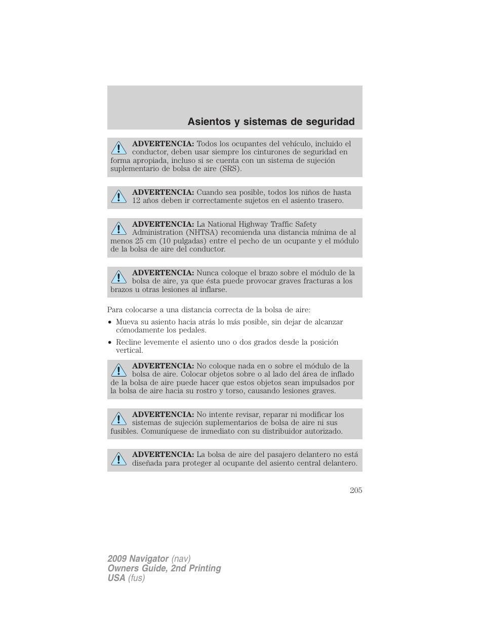 Asientos y sistemas de seguridad | Lincoln 2009 Navigator User Manual | Page 205 / 801