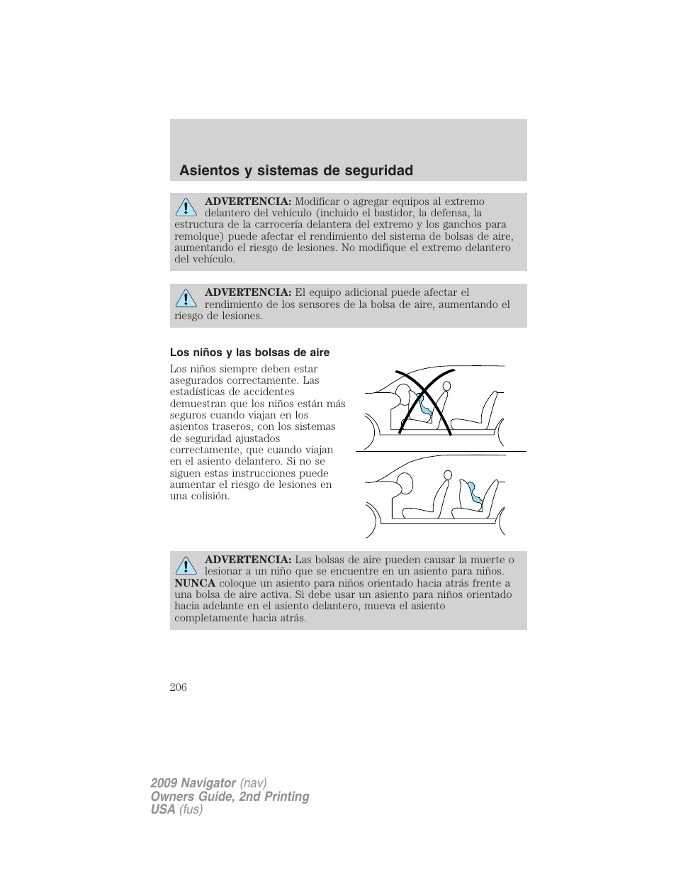 Los niños y las bolsas de aire, Asientos y sistemas de seguridad | Lincoln 2009 Navigator User Manual | Page 206 / 801