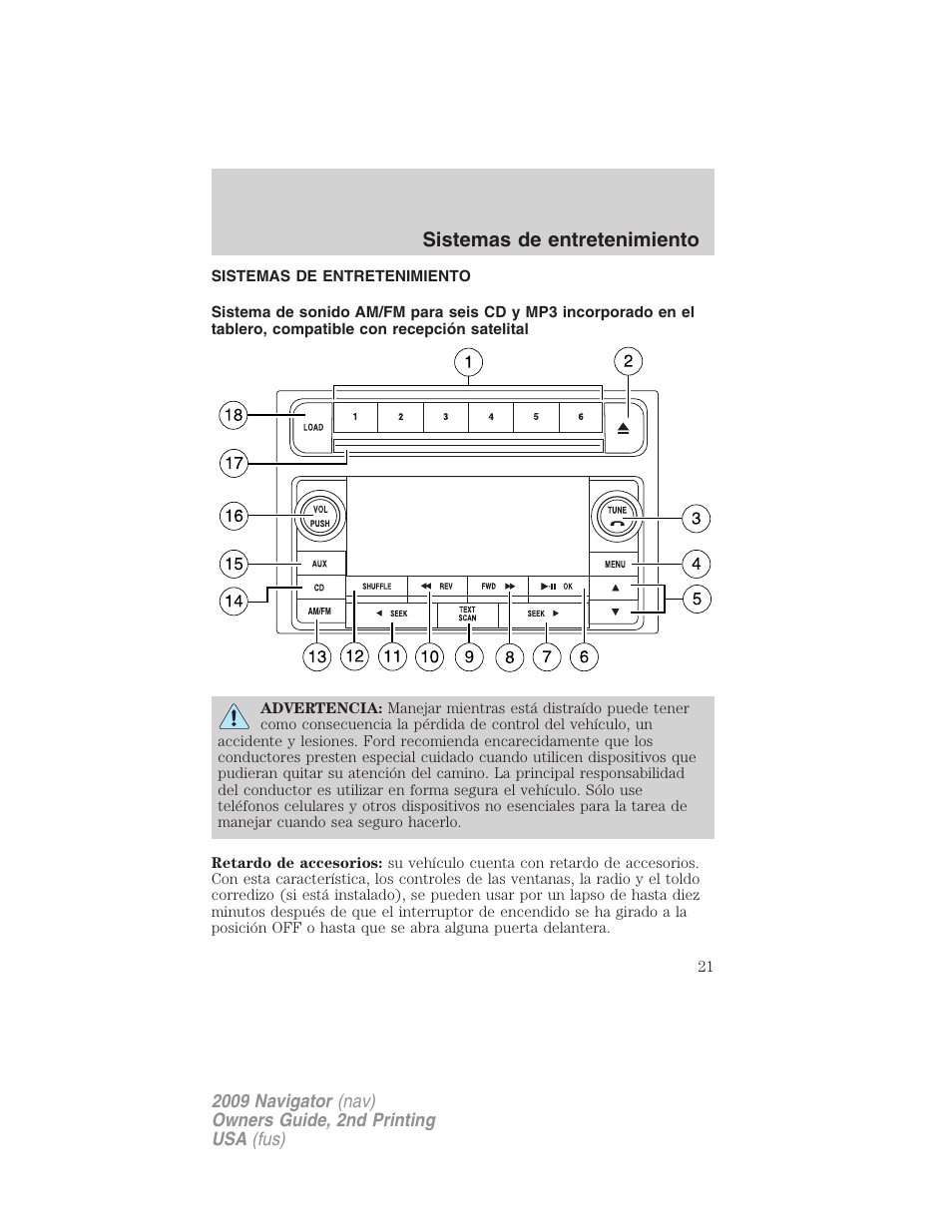 Sistemas de entretenimiento, Estéreo am/fm para 6 cdx/mp3 | Lincoln 2009 Navigator User Manual | Page 21 / 801