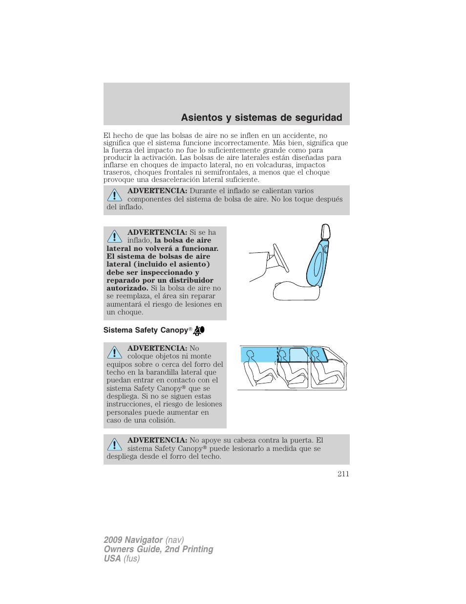 Sistema safety canopy, Asientos y sistemas de seguridad | Lincoln 2009 Navigator User Manual | Page 211 / 801