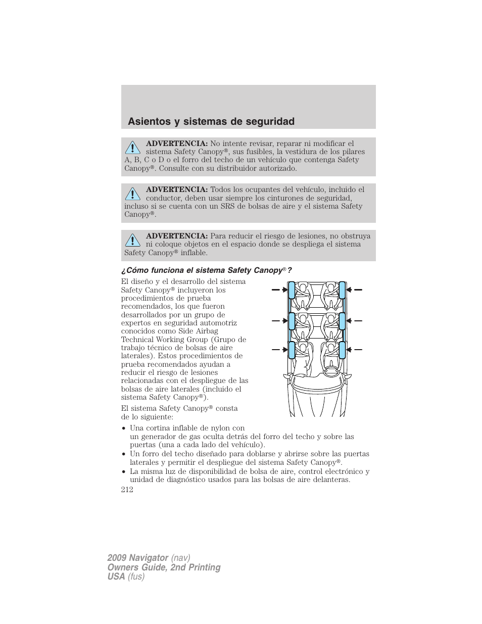 Cómo funciona el sistema safety canopy, Asientos y sistemas de seguridad | Lincoln 2009 Navigator User Manual | Page 212 / 801