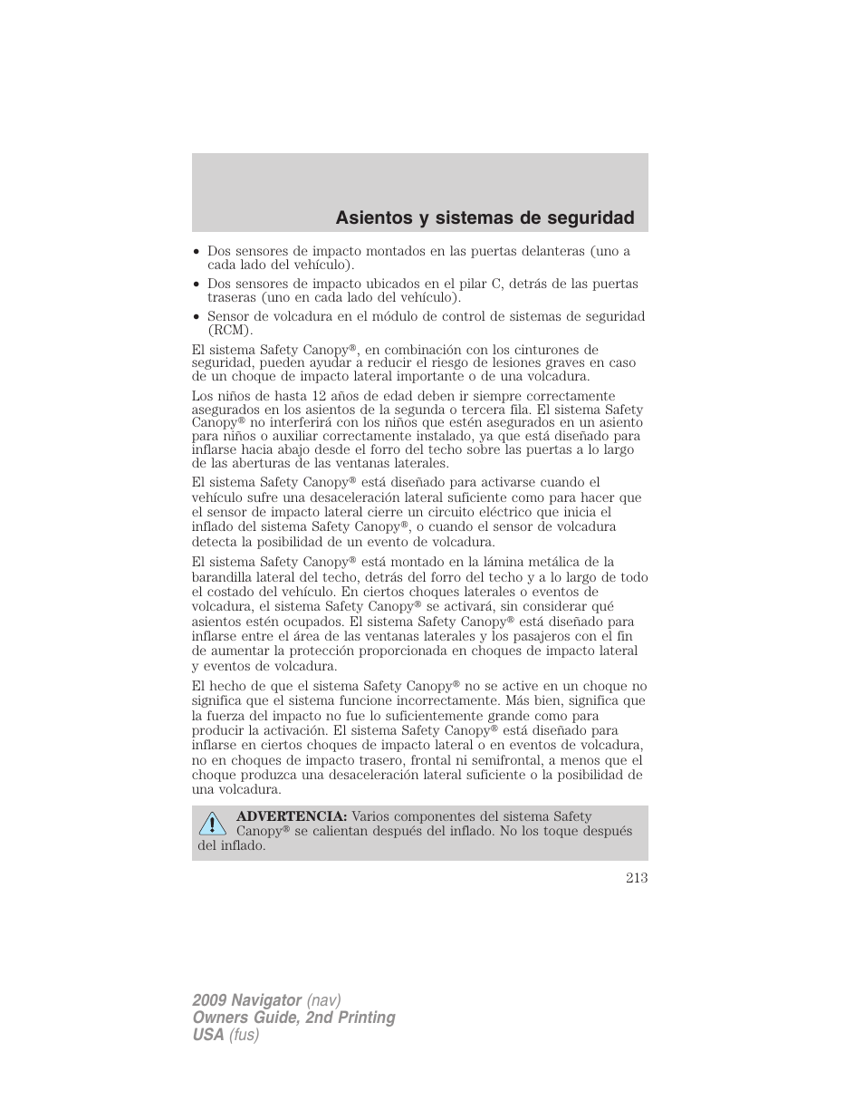 Asientos y sistemas de seguridad | Lincoln 2009 Navigator User Manual | Page 213 / 801