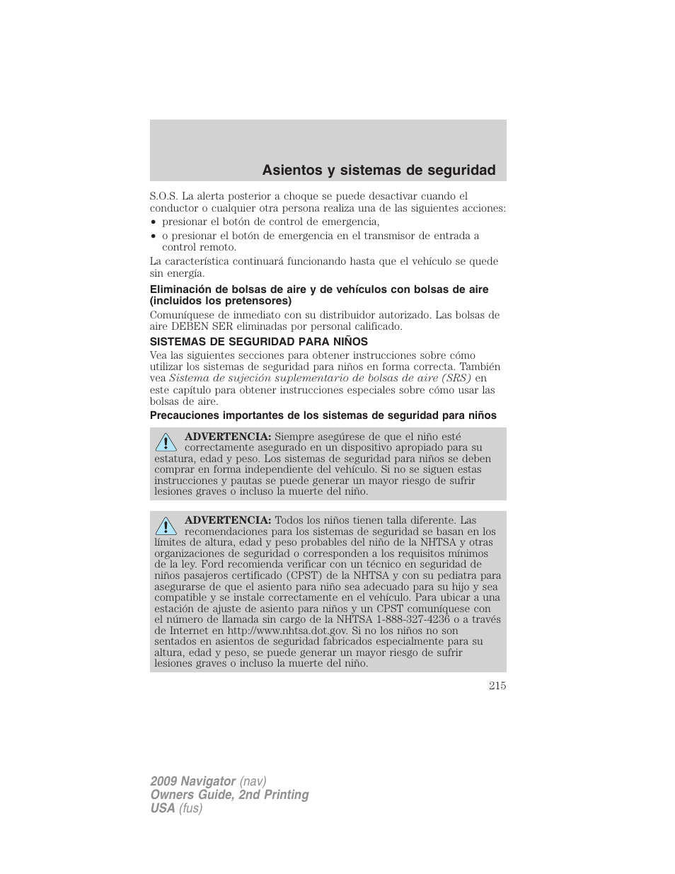 Sistemas de seguridad para niños, Asientos de seguridad para niños, Asientos y sistemas de seguridad | Lincoln 2009 Navigator User Manual | Page 215 / 801