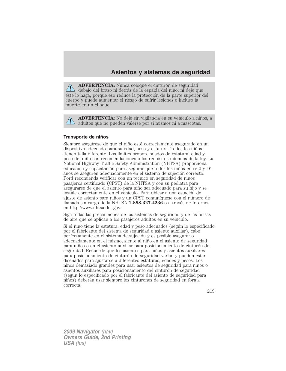 Transporte de niños, Asientos y sistemas de seguridad | Lincoln 2009 Navigator User Manual | Page 219 / 801