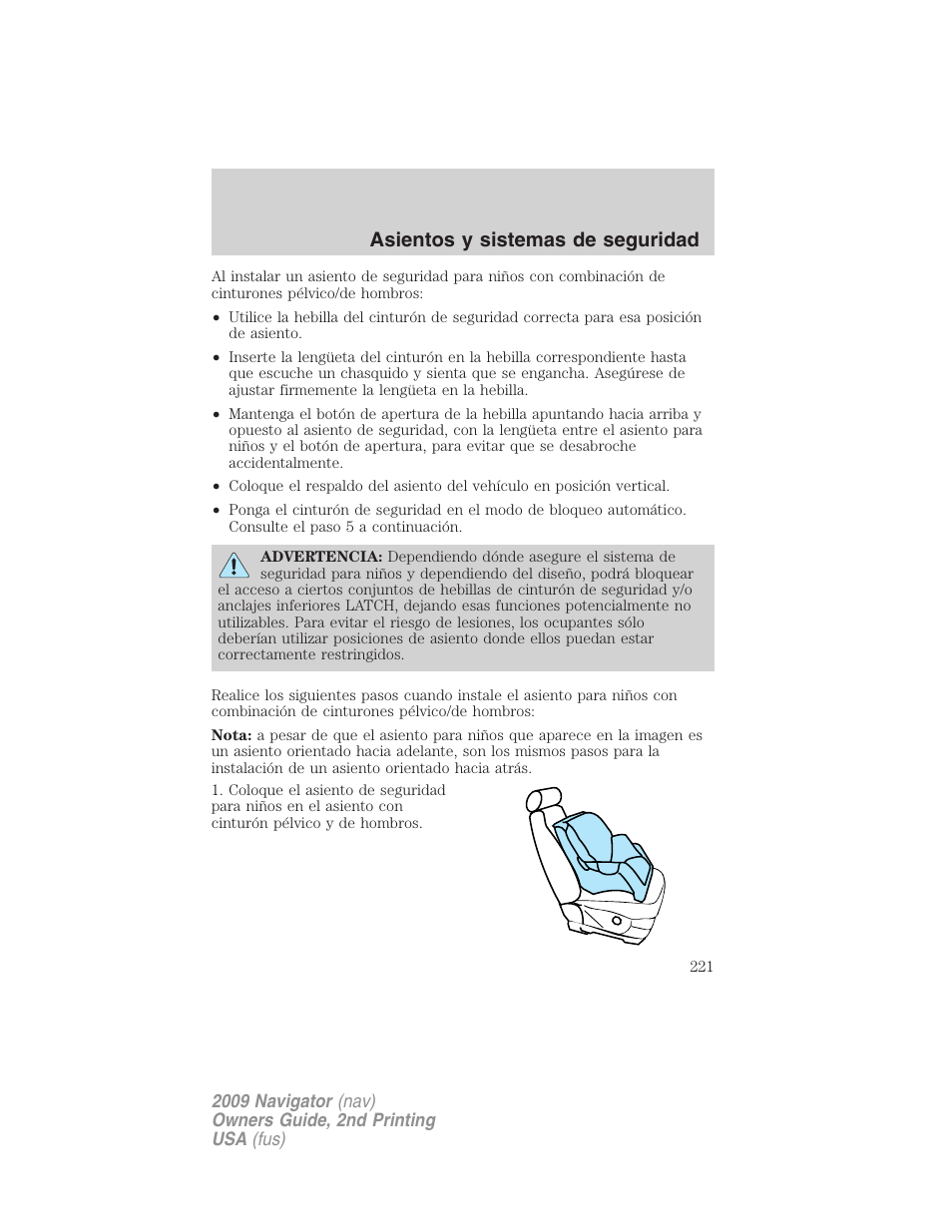 Asientos y sistemas de seguridad | Lincoln 2009 Navigator User Manual | Page 221 / 801