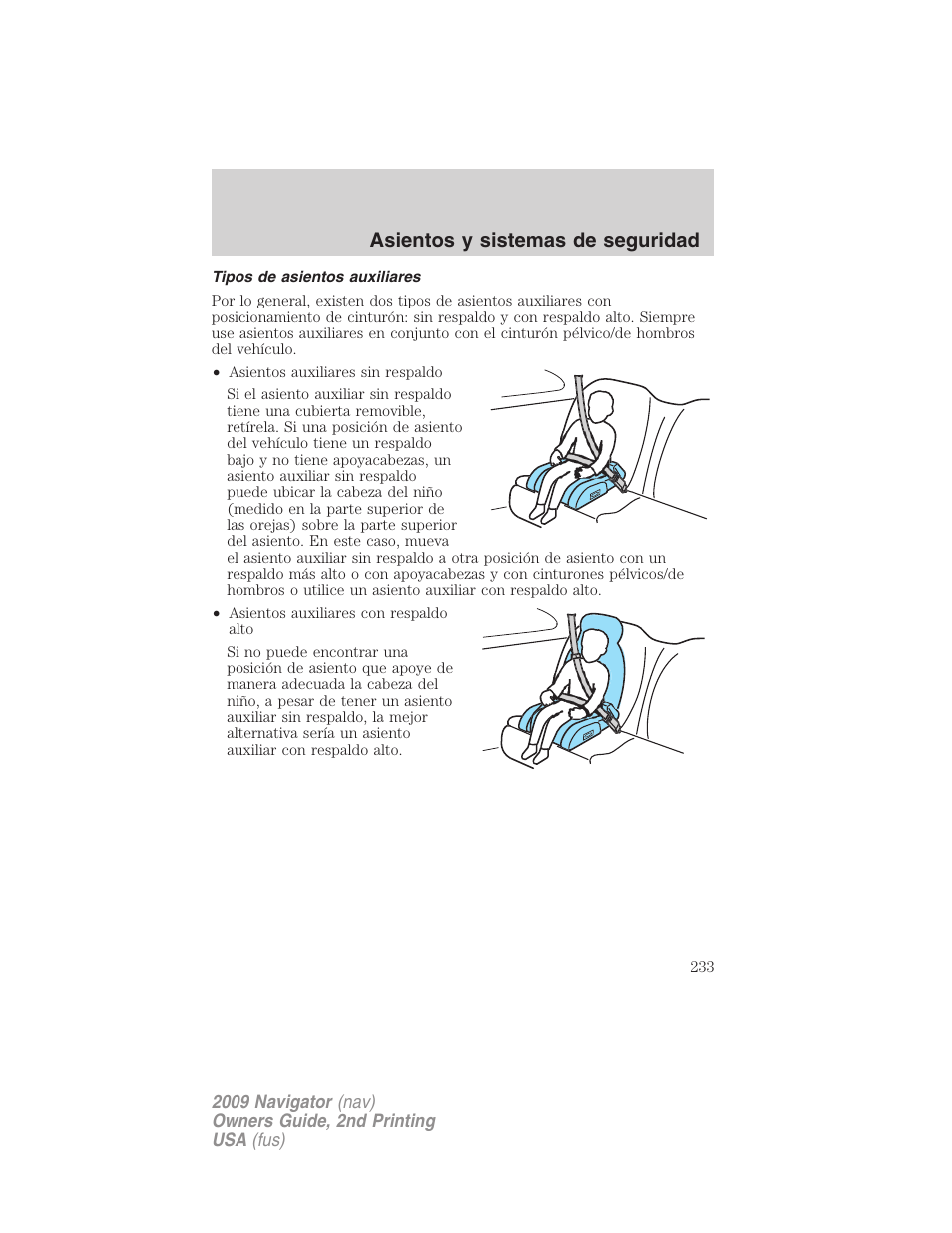 Tipos de asientos auxiliares, Asientos y sistemas de seguridad | Lincoln 2009 Navigator User Manual | Page 233 / 801