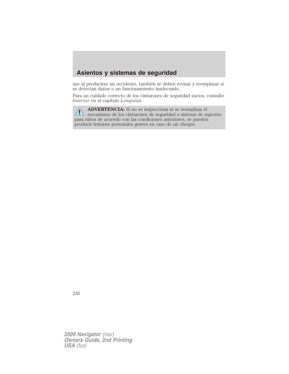 Asientos y sistemas de seguridad | Lincoln 2009 Navigator User Manual | Page 236 / 801