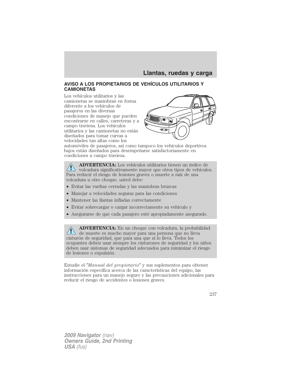 Llantas, ruedas y carga | Lincoln 2009 Navigator User Manual | Page 237 / 801