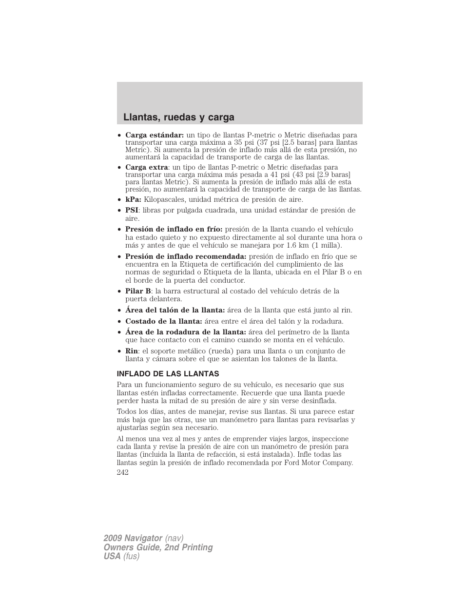 Inflado de las llantas, Inflado de llantas, Llantas, ruedas y carga | Lincoln 2009 Navigator User Manual | Page 242 / 801