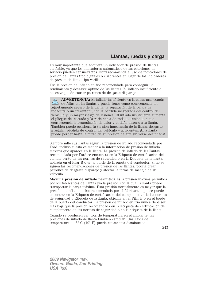 Llantas, ruedas y carga | Lincoln 2009 Navigator User Manual | Page 243 / 801