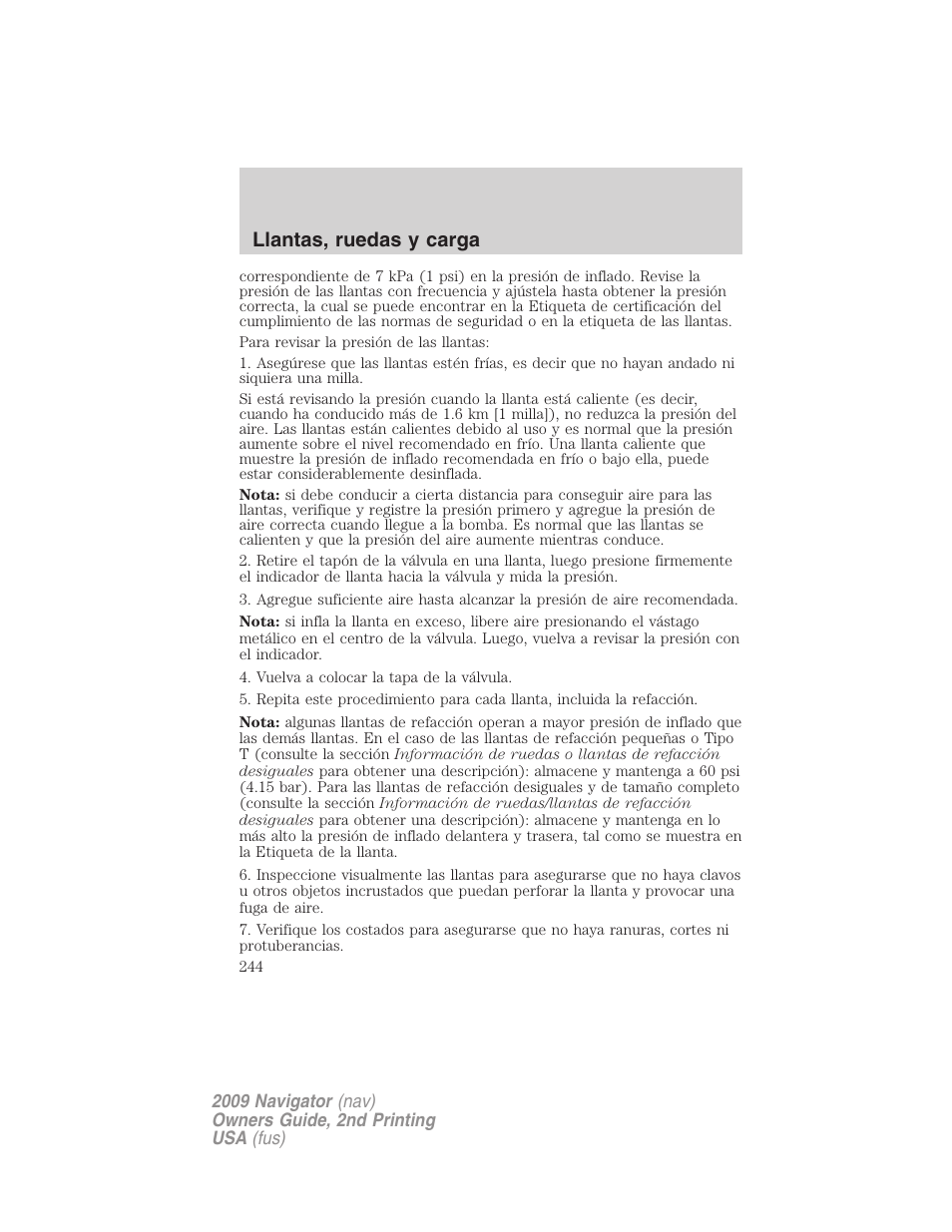 Llantas, ruedas y carga | Lincoln 2009 Navigator User Manual | Page 244 / 801