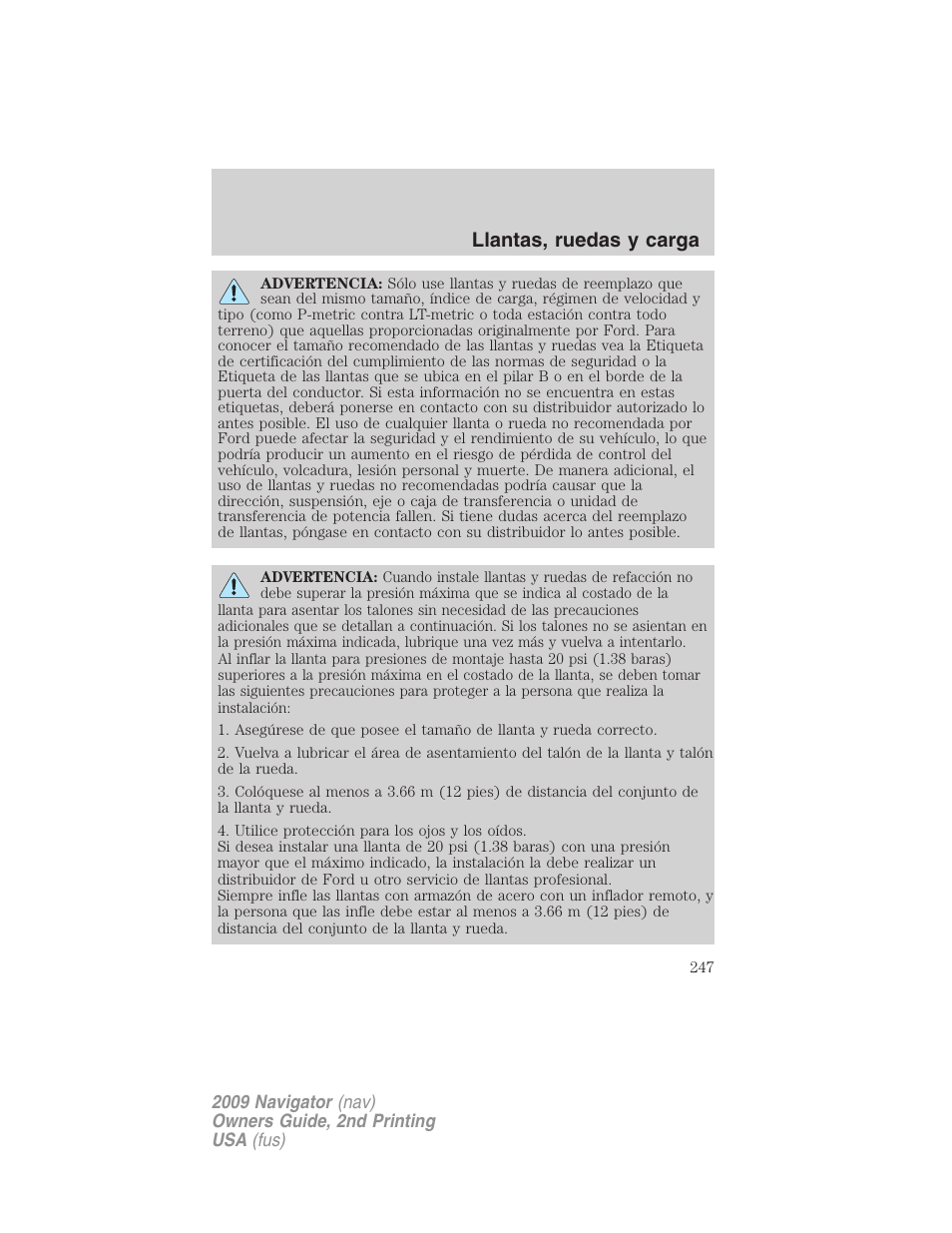 Llantas, ruedas y carga | Lincoln 2009 Navigator User Manual | Page 247 / 801